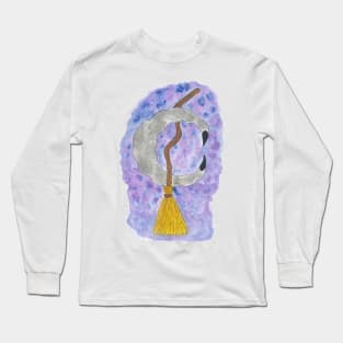 Silver Moon and Witch Broomstick Against the Starry Night Sky Hand Drawn Watercolor and Ink Artwork Long Sleeve T-Shirt